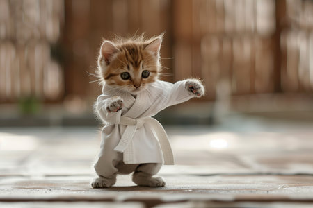 Cute little ginger kitten in white kimono playing on the floorの素材