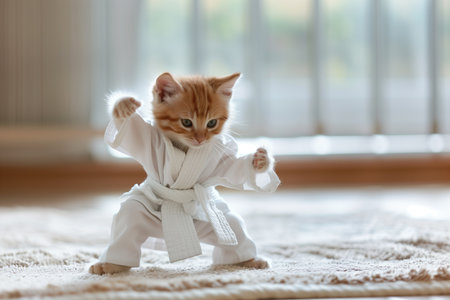 Cute little ginger kitten in white kimono playing at homeの素材