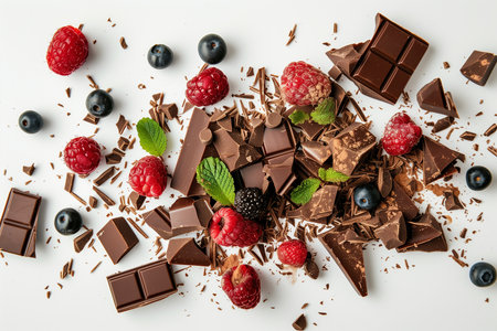 Chocolate pieces, berries and mint on white background, top viewの素材