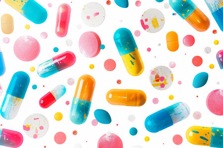 Colorful pills and capsules on white backgroundの素材