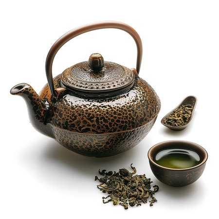 Teapot and cup of green tea isolated on white background.の素材