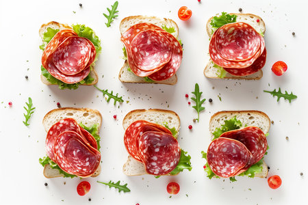Sandwiches with salami, arugula and tomatoes on a white background. Top view.の素材