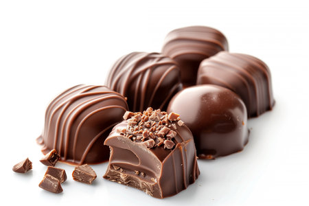 Chocolate candies on white background, close-up, horizontalの素材
