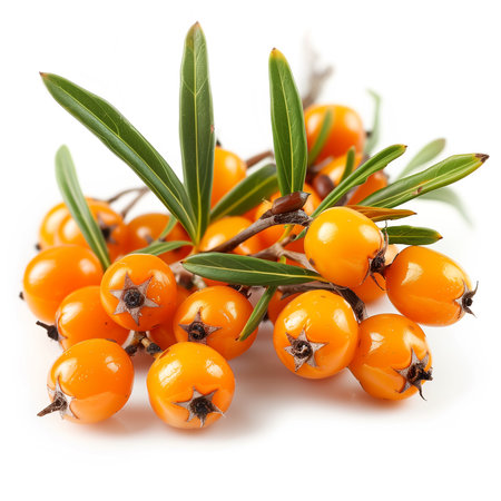 Sea buckthorn berries with leaves isolated on white background close upの素材