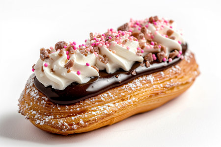 Chocolate eclair with icing and sprinkles on a white backgroundの素材