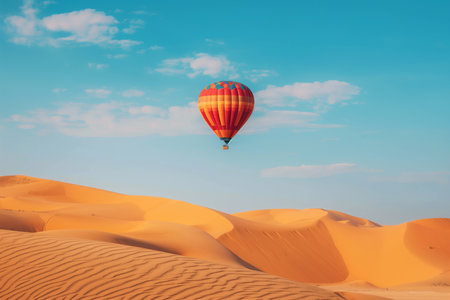Hot air balloon flying over sand dunes in Sahara desertの素材