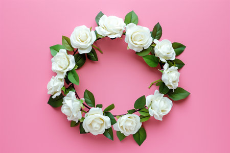 Flowers composition. Wreath made of white roses on pink background. Flat lay, top view, copy spaceの素材