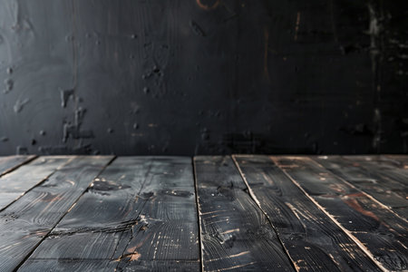 Wooden table in front of a dark wall background with copy spaceの素材