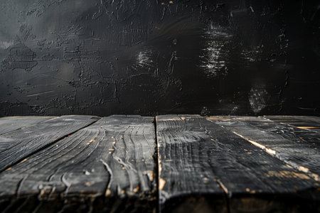Empty wooden table for product display montage. Black wall background.の素材