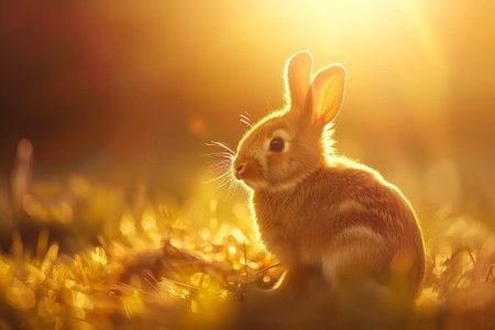 Cute little rabbit sitting on the grass in the sunset light.の素材