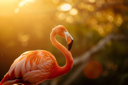 Pink flamingo against the backdrop of the sunset in the tropics.の素材