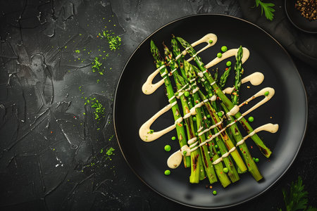 Asparagus with sauce on a black plate on a dark backgroundの素材