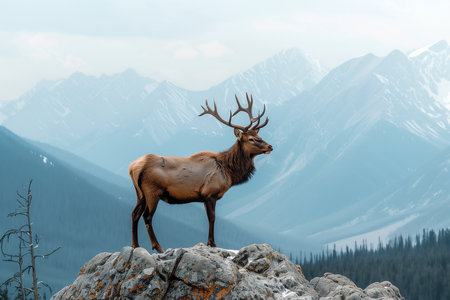 Elk standing on a rock in the mountains against the background of snow-capped peaksの素材