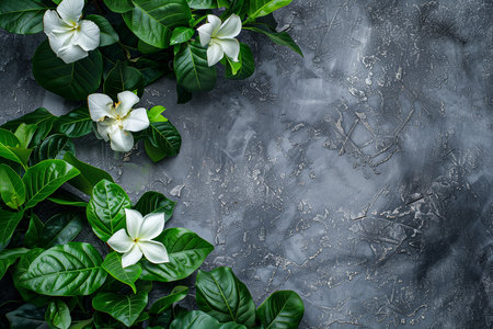 Green leaves and white flowers on concrete background. Flat lay, top viewの素材