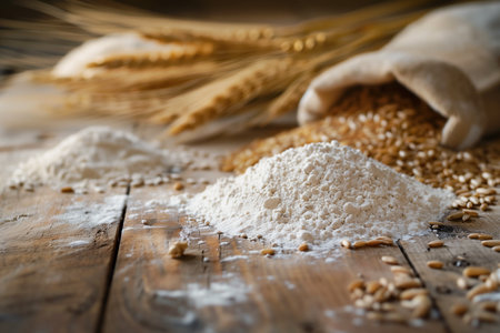 Wheat and flour on a wooden table. Selective focus.の素材