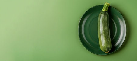 Zucchini on a green plate on a green background. Top view, copy spaceの素材