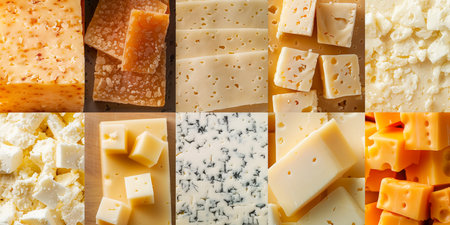 Collage of different types of cheese, close-up, top viewの素材