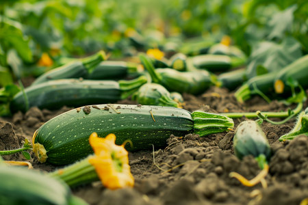 Fresh zucchini growing in the field. Selective focus.の素材