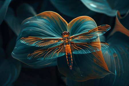 dragonfly on a background of blue leavesの素材