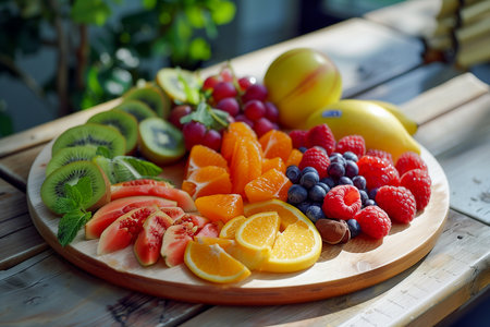 Fruits on a wooden plate on a table in the garden.の素材