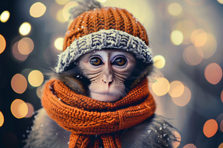 Cute monkey in winter hat and scarf on bokeh backgroundの素材