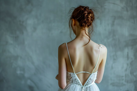 Back view of beautiful bride in white wedding dress standing against grey wallの素材