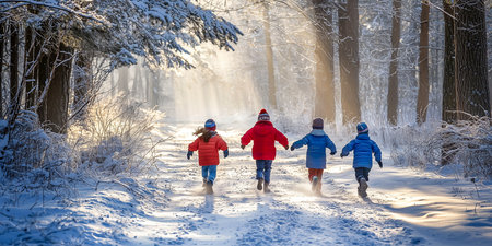 Children running in the snow in the winter forest. Happy family walking in the winter forest.の素材