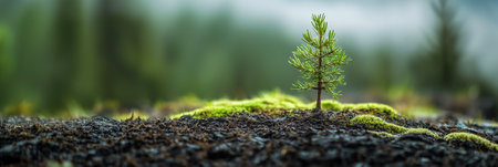 Small tree growing on mossy ground in forest. Ecology and environment conceptの素材