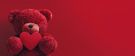 Red teddy bear with heart on red background. Valentine's day conceptの素材