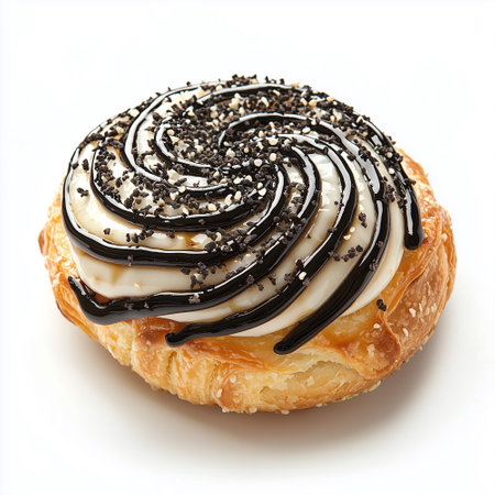 Chocolate donut with whipped cream on white background, top viewの素材