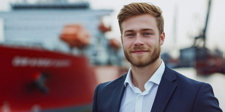 Portrait of a young businessman standing on the background of a shipの素材