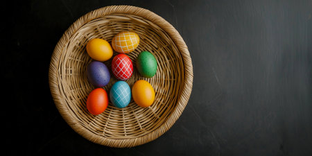 Colorful easter eggs in a basket on blackboard background.の素材