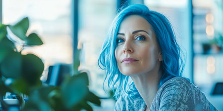 Portrait of young woman with blue hair looking away in officeの素材
