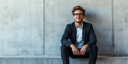 Portrait of handsome young businessman wearing eyeglasses and sitting on stairs against concrete wallの素材