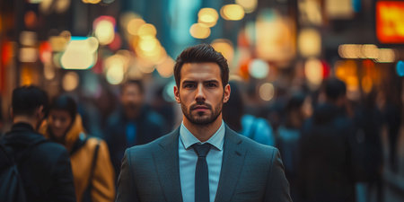 Portrait of young handsome Indian businessman in the city at night.の素材