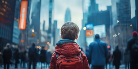 Child in city. Boy in red jacket on the background of skyscrapersの素材