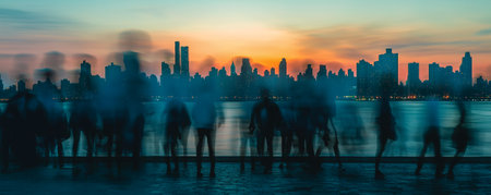 Silhouettes of people walking in the city with a beautiful sunsetの素材