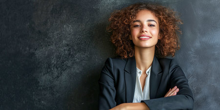 Portrait of a young business woman with curly hair in a black suit.の素材