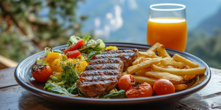 Grilled steak with french fries and fresh vegetable salad on wooden tableの素材