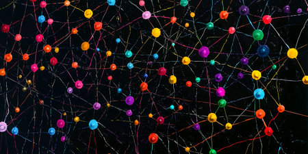 Colorful network of connections on black backgroundの素材