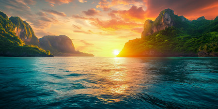 Beautiful seascape at sunset. Panoramic view of tropical island.の素材