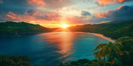 Beautiful panorama of sunset over the sea with palm trees and mountainsの素材
