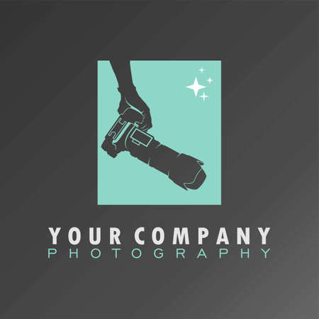 Hand holding a professional camera image graphic icon logo design abstract concept vector stock. Can be used as a symbol associated with photography.のイラスト素材