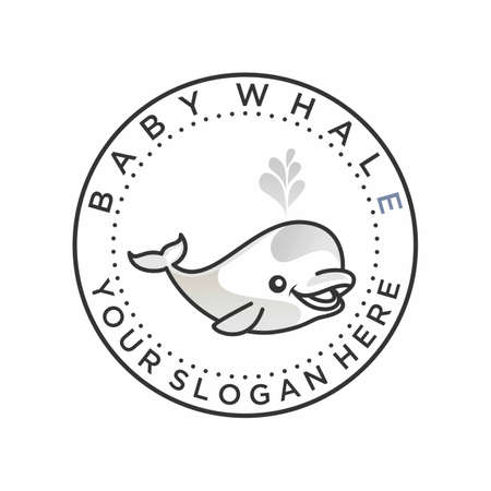 Simple and unique baby whale with water splash in emblem image graphic icon logo design abstract concept vector stock. Can be used as a symbol related to animal or character.のイラスト素材