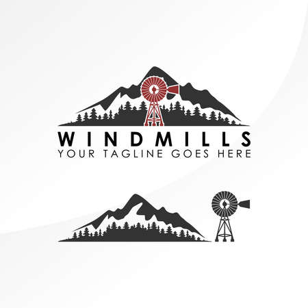 Simple and unique mountain and windmill image graphic icon logo design abstract concept vector stock. can be used as corporate symbols or relating to mountainous terrain or farmのイラスト素材