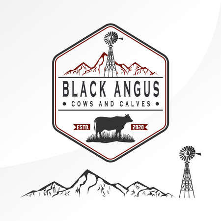 Simple and unique mountain, windmill, cow image graphic icon logo design abstract concept vector stock. can be used as corporate symbol or relating to mountain terrain or farmのイラスト素材