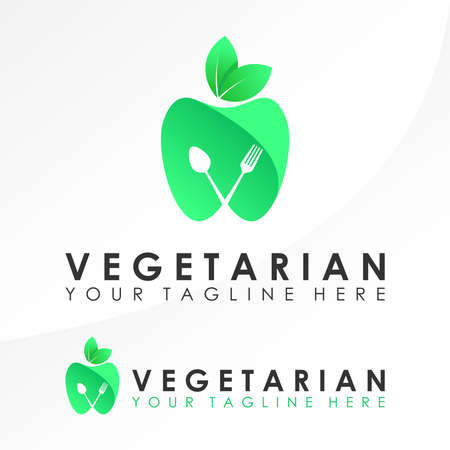 Simple and unique Apple and leaves, spoon, fork image graphic icon logo design abstract concept vector stock can be used as a vegetarian or related to foodのイラスト素材