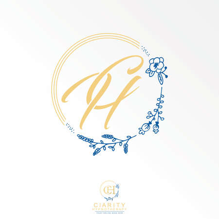 Lettering or word CH font in circle flowers and leaves image graphic icon logo design abstract concept vector stock. Can be used as symbol related to wedding or initialのイラスト素材
