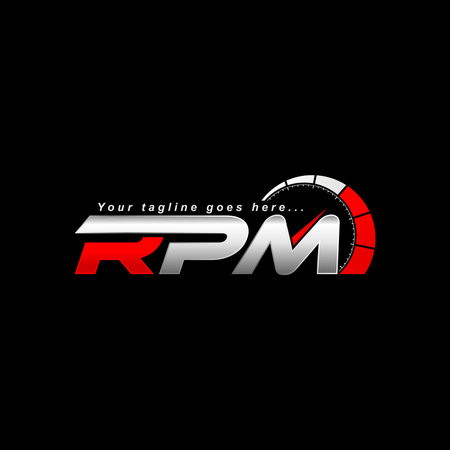 Simple letter or word RPM italic font with fast speedometer image graphic icon logo design abstract concept vector stock. Can be used as symbol related to sportcar or workshopのイラスト素材