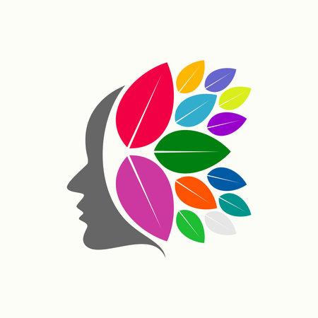Human or woman face with leaves stalk behind or back image graphic icon logo design abstract concept vector stock. Can be used as symbol related to beauty or creative brainのイラスト素材